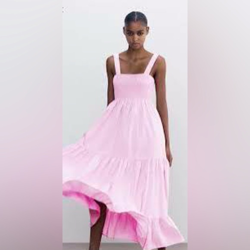 NWT! Beautiful baby pink Zara maxi dress with smocked top and tired skirt
